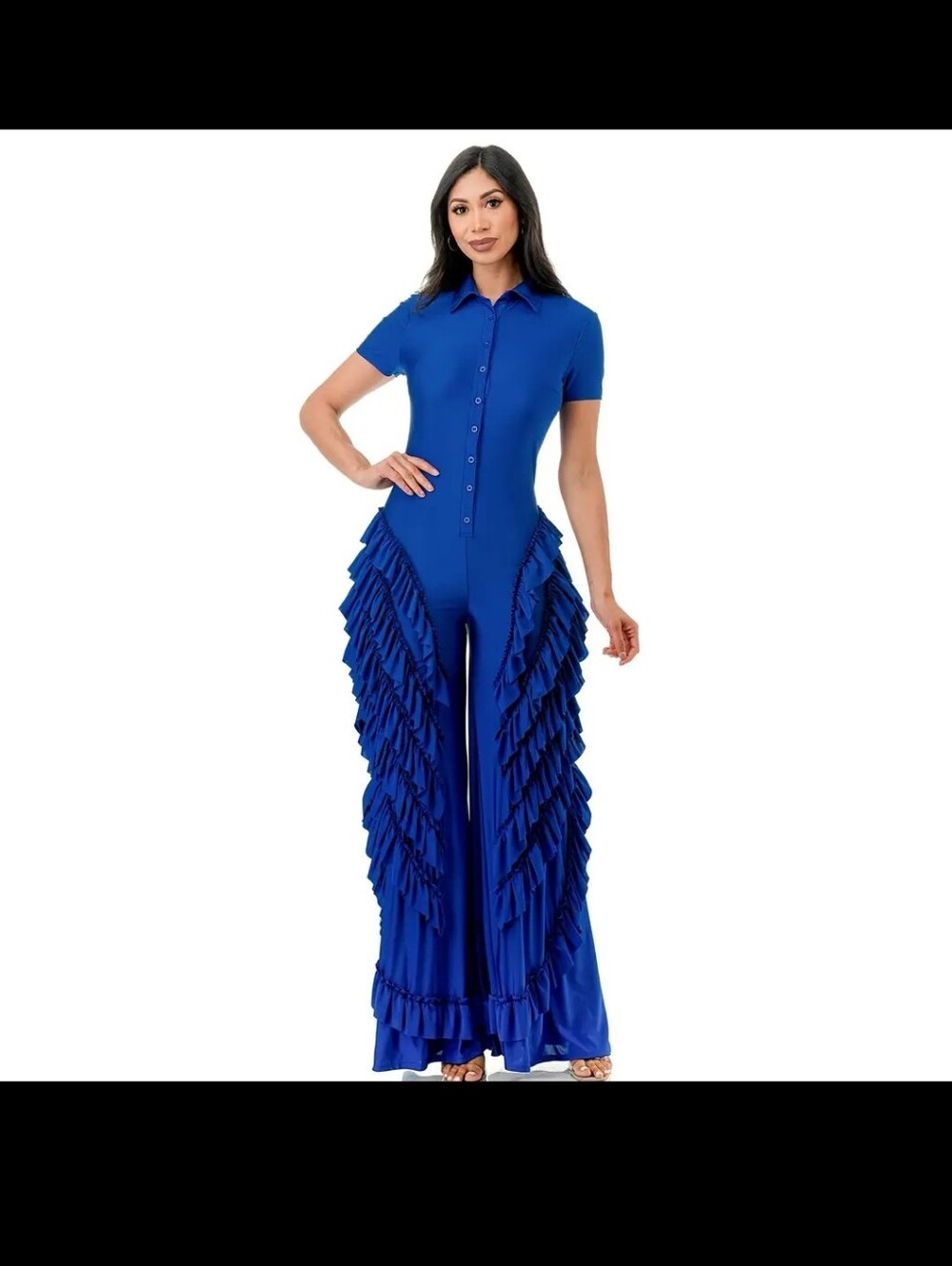 Blue Ruffle Short-Sleeve Jumpsuit